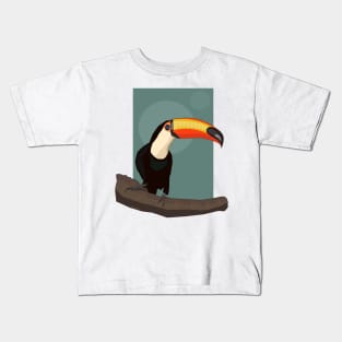 Illustration of a Toucan on a Branch with Mint Green Background Kids T-Shirt